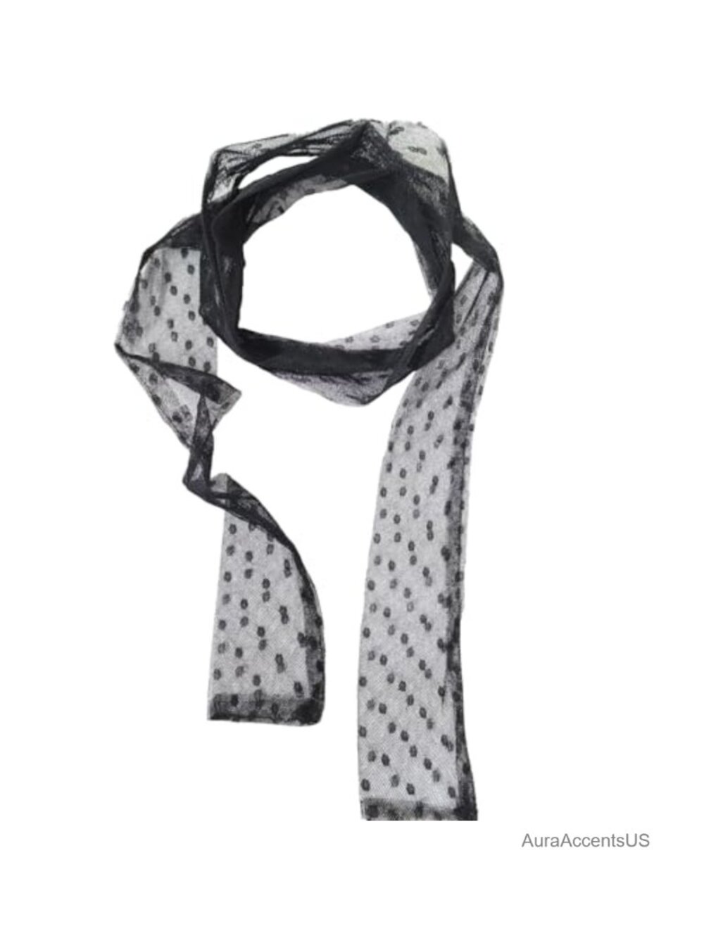 Lace Trim Silk Scarf Black Polka Dot Long Ribbon